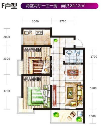 学府街区户型图 两室两厅一厨一卫