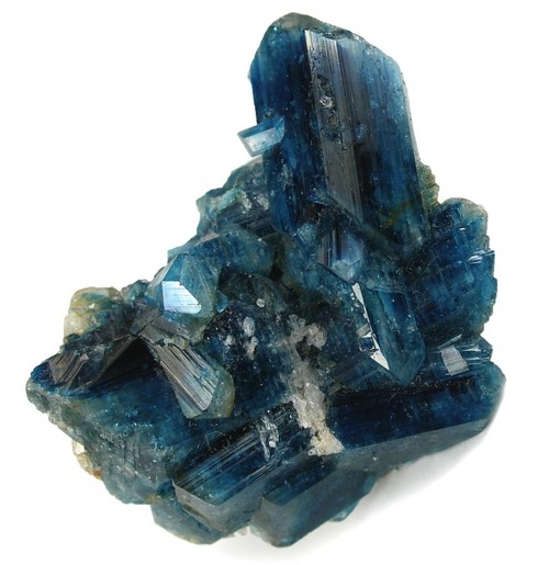 Euclase sample from Lost Hope Mine in Zimbabwe.  Euclase is a beryllium aluminum hydroxide silicate, BeAlSiO4(OH), but this intense blue comes from charge transfer bands in the iron impurities. When electrons move from an iron +2 ion to an iron +3 ion, the emitted light is this beautiful blue color.