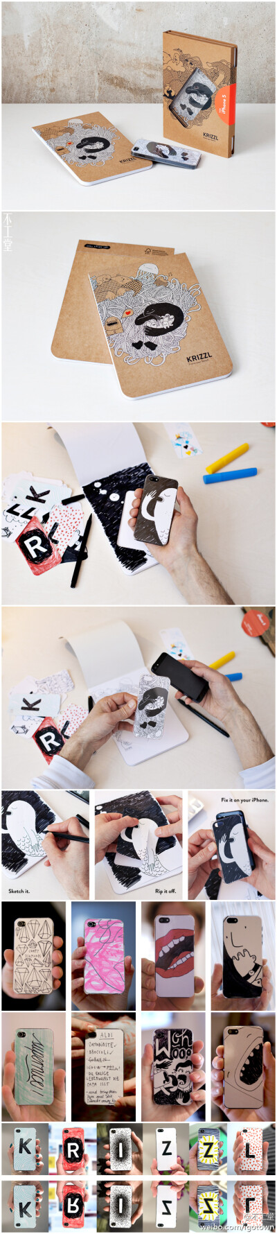 说起来，这是个很简单的创意，手绘一张和手机一样大小的卡片，然后放到清水套里面，就成了一个独一无二专属于自己的手机装饰。Krizzl就将这个创意变成了现实，开发了这个材料包，专用于iphone这种后背平直的手机！