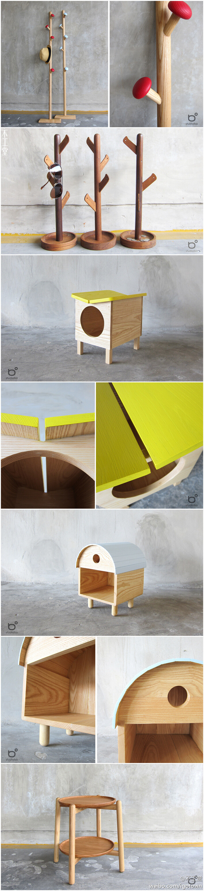 泰国的设计组合studiobo最近出品了一些木质小家具，诸如衣架、猫屋之类，都是些有爱心的设计，不复杂但挺有趣，让我们一起看看！
