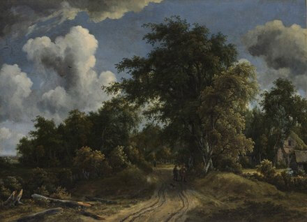 林间小路 梅因德尔特•霍贝玛（荷兰，1638–1709） 布面油画，94.6x129.5厘米，约1670年 Meyndert Hobbema (Dutch, 1638–1709) Woodland Road ca. 1670 Oil on canvas 94.6 x 129.5 cm Bequest of Mary Stillman Harkness, 1950 (50.145.22)