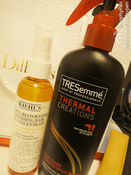 [X]TRESemme-Thermal Creations,Kiehl's-Restorative Smoothing Hair Oil Concentrate 两个都是被推荐过的喷雾契尔氏护发精华非常好用效果果然如同传说中;顺滑无比;虽然是油状但是吹完头发一点都不油,就是用完有股药味右边的开架牌子的防烫喷雾在上卷棒前用感觉没那么伤;以前卷棒用多发尾都会很干;BTW这个牌子的定型摩丝也不错用;不黏腻很干爽;