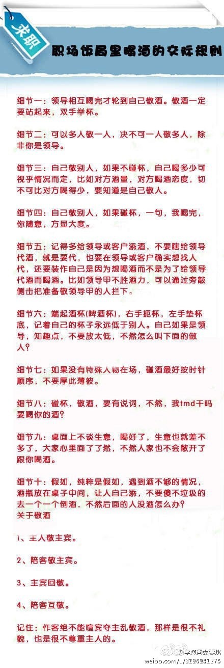 【职场饭局里喝酒的交际规则】在职场，办事吃饭是常事，但是这样的饭局往往是不好应付的，诸多的礼仪规则等待你去体味。为了不出丑，呵呵，还是提早学习下为好。赶快记下来！