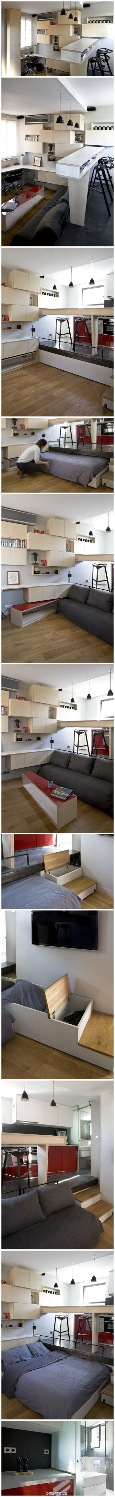 设计紧凑且实用，16平米左右的小公寓，简直成变形金刚了！