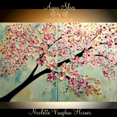 Original Abstract Painting, palette knife impasto Aqua Skies abstract signature painting by Nicolette Vaughan Horner