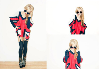 Nastygal 60&#39;s Blue Circle Shades, She Inside London Calling Sweater, Jeffrey Campbell Hell Yes Boots