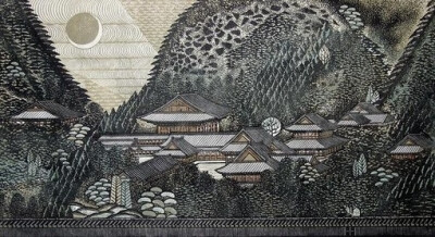 彼岸花。Ray Morimura 木版刻画。