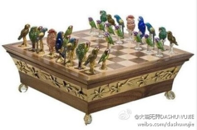 当今世界上有许多物种濒临灭绝，不过我们仍有时间来挽救它们。为了唤起人们的注意，挽救濒危鹦鹉，设计者以各种濒危鹦鹉为原形制作这副创意象棋。棋盒由优质胡桃木和枫木制成，并饰以24K镀金兰花边。（来自互联网）