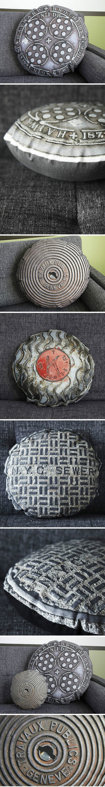 Manhole Covers——环游世界的井盖抱枕，由美国布鲁克林艺术家Ronda设计，这些井盖都是由他周游世界时拍摄下的，伦敦、日内瓦、纽约等地，风格各异。~~~~你还想到些什么呢？