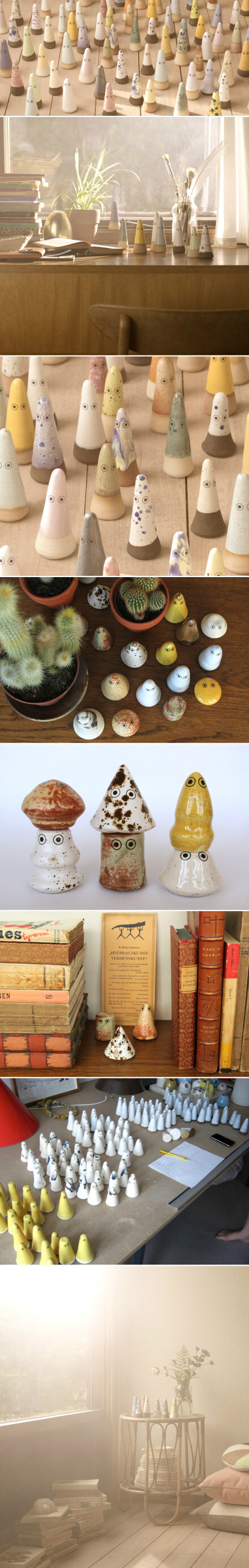 日本神话中有很多小精灵形象，丹麦设计师Anders Arhoj以此为原型，设计了这些陶瓷小精灵，让它们自由地霸占人类的生活空间。很温馨的想法，也很可爱的设计。这些小精灵都是手作陶器，经过手工上釉与低焙烧窑等工序每一个都是独一无二的。