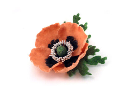 Felt brooch pink-orange Poppy with green leaves by Roltinica