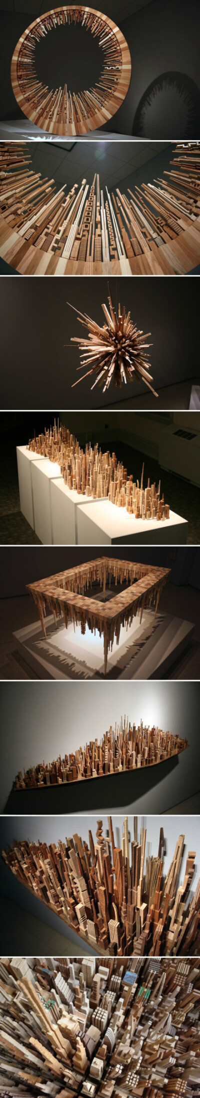 美国艺术家James McNabb用废旧木材创建的微型城市景观装置作品