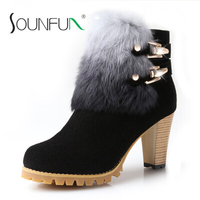 sounfun 2013春季新款磨砂牛皮时尚短靴真皮真兔毛保暖高跟女靴子 ￥138.03