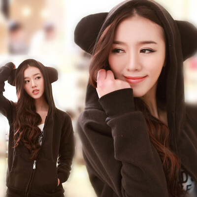 2013秋冬女装胖MM新款开衫外套韩版熊耳朵大帽子拉链抓绒卫衣 ￥55.01