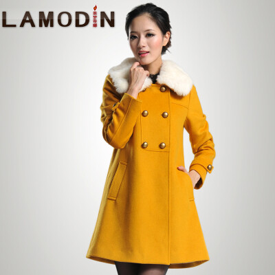 lamodin2013兔毛领羊毛呢大衣秋衣冬衣外套女修身中长款女装清仓 ￥298.05