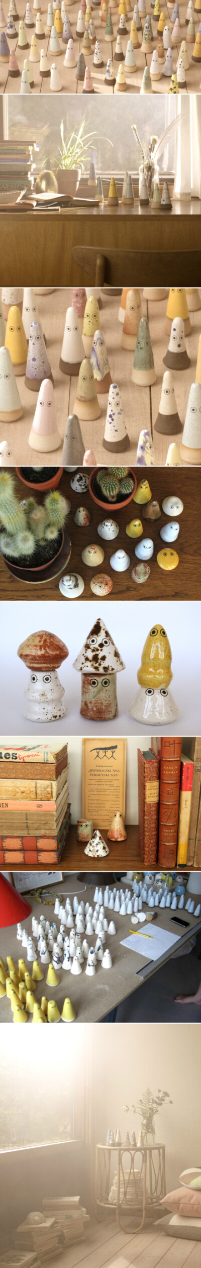在日本神话中有很多小精灵形象，丹麦设计师Anders Arhoj以此为原型，设计了这些陶瓷小精灵，让它们自由地霸占人类的生活空间。很温馨的想法，也很可爱的设计。这些小精灵都是手作陶器，经过手工上釉与低焙烧窑等工序…