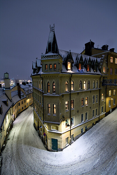 旅行风景 瑞典，斯德哥尔摩的雪夜