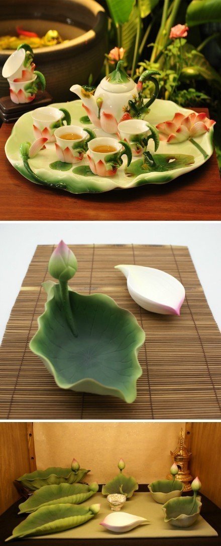中式风格的莲花茶具，喝个早茶醒醒觉！