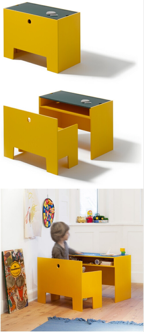 瑞典设计师Monica Förster设计的“神奇盒子”乍一看是一个黄色立方体箱子，实际上是一张桌子和一个板凳拼在了一起。再仔细看，你会发现桌子不仅是桌子，桌面还有很多蹊跷。 首先你可以转动“神奇盒子”的桌面，用它写作业，其次桌面经过特殊处理，还是一个绿色的黑板，你可以直接在上面写字画画，另外桌子的边缘有一道凹槽，可以用来放铅笔、蜡笔和钢笔。桌面下的抽屉则可以用来存放其他玩具。当然，你还可以把这件家具当做讲台，给台下的小动物们讲课。