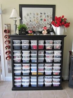 old dresser with the drawers removed, painted, and then $1.00 Sterlite boxes...awesome idea for craft room!!