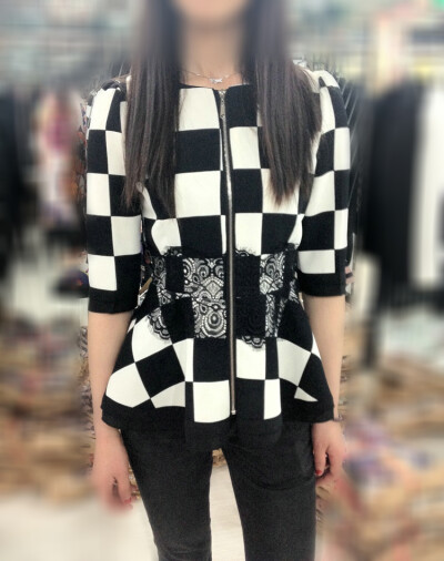 棋盘格蕾丝收腰小外套