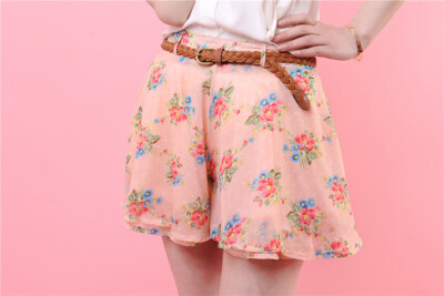 雪纺粉底碎花裙裤