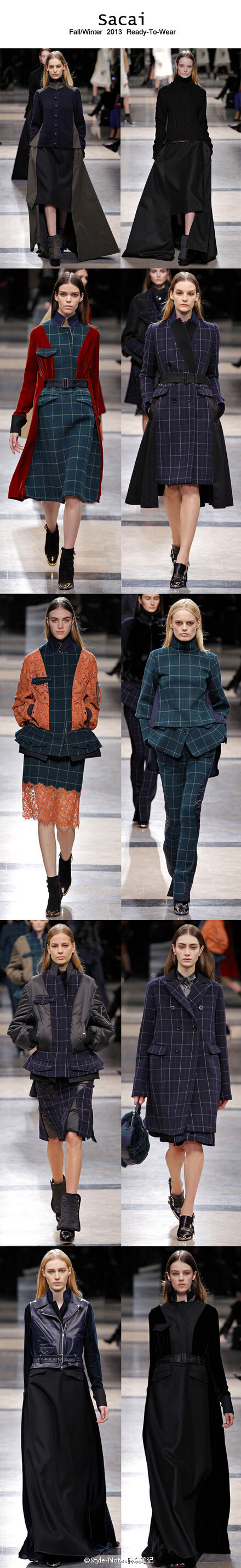 Sacai Fall 2013 Ready-to-Wear，好看的面料拼接。源于日本的Sacai 由设计师Chitose Abe在1999年创立，在推出自家品牌前，Abe曾在日本渡边淳弥 (Junya Watanabe) 麾下工作八年。