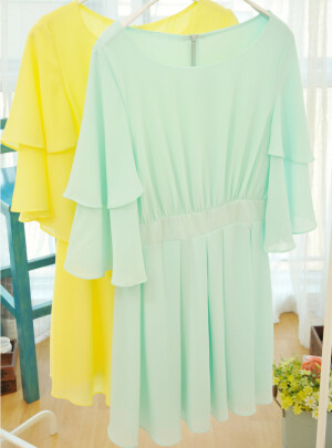 多多家春超仙雪纺荷叶边中袖圆领大摆连衣裙中长裙色