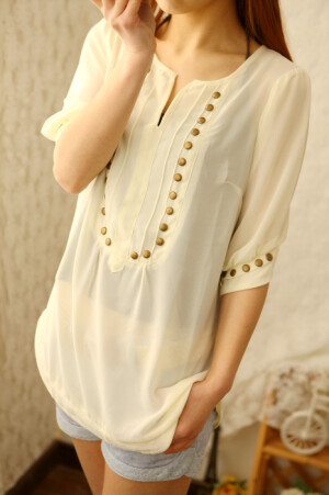 wawa家*opshop公主铆钉领边优雅通透雪纺衫衬衫特