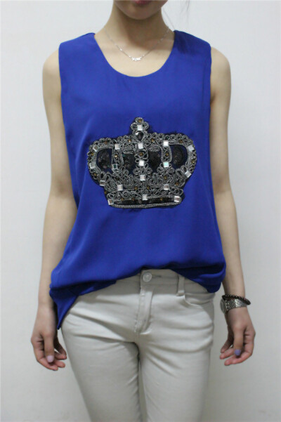 大皇冠无袖细麻雪纺衫