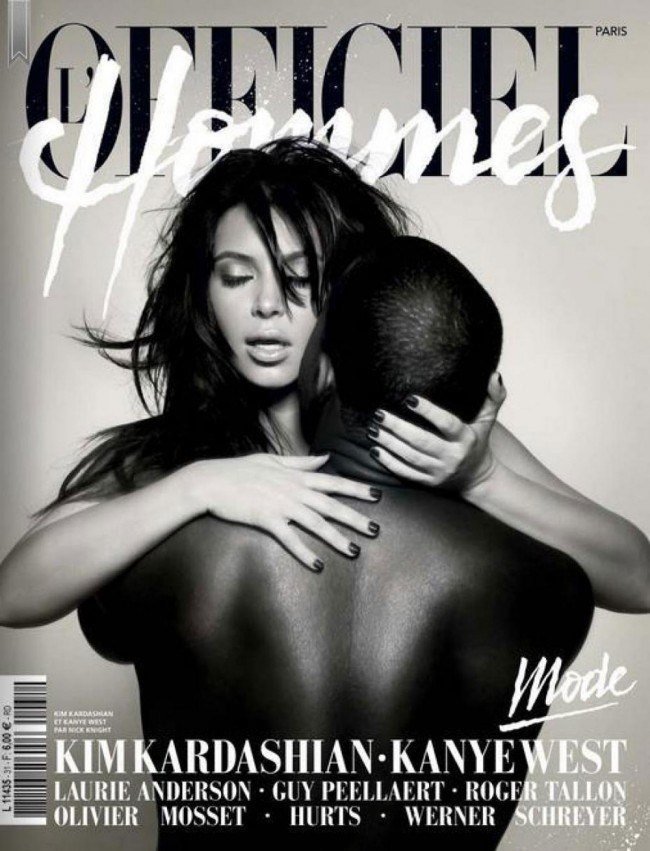 e:"Kanye West & Kim Kardashian for L'Officiel Hommes Paris Spring 2013"