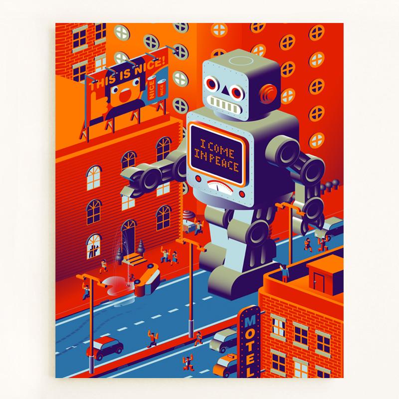 【I am robot-现代艺术帆布挂画40*50cm】@美奇网 清新、简练、活泼的绘画语言，现代感中渗透着怀旧、复古情调。采用环保材料精制，进口艺术级微喷技术，画面细节完美呈现，特有的技术涂层，持久不退色;高质量的纯棉画布坚韧、自然，承载生活艺术，恰如其分。挂在客厅、书房、儿童卧室……光洁的墙壁从此不再单调，多了一丝生气，让你心情愉悦!