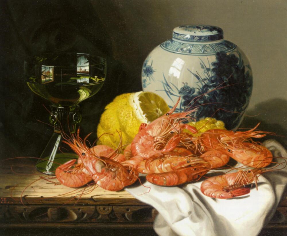 Edward Ladell - Still Life with Prawns, Lemon, Wine Glass and Delft Pot (undated)