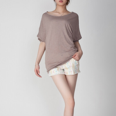 欧美女装夏新竹节棉圆领宽松时尚蝙蝠t恤七分袖t恤