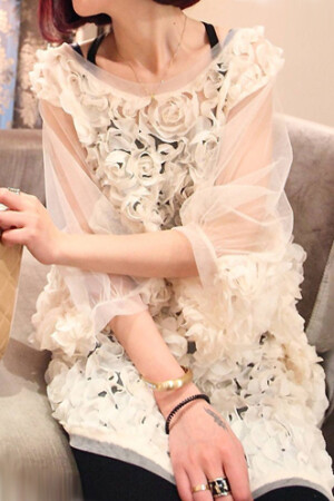 龙米家春夏杂志爆款！唯美复古花朵显瘦透视感蕾丝上衣