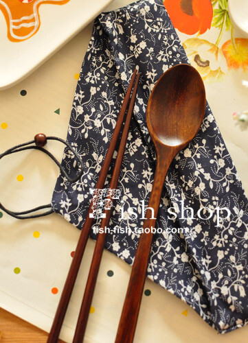 日式原木筷子+勺子套装蓝色和风布套餐具套装