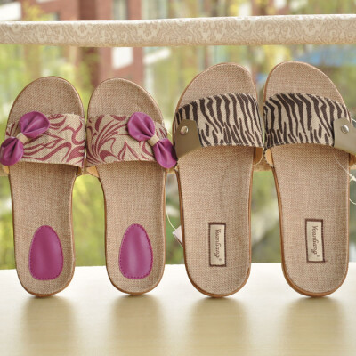 夏季韩国远港拖鞋亚麻情侣室内地板拖鞋可爱蝴蝶结居家鞋