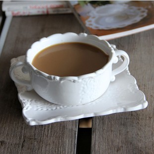 ZAKKA杂货欧式纯手工白色浮雕陶瓷双耳杯咖啡奶杯法式家居用品