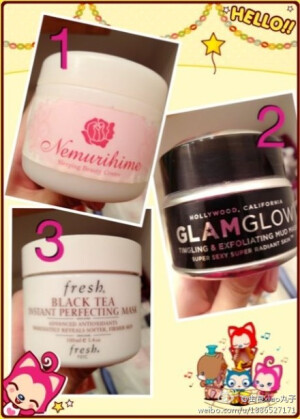 [X]LoveCosmetic-玫瑰面膜,GlamGlow,Fresh-Black Tea Instant Perfecting Mask 就爱凑热闹1.lovecosmetic玫瑰睡眠面膜，这款用了试用装就爱上了。好闻的玫瑰味道，第二天皮肤超嫩，混合皮或油皮也不用担心会大油田！2.最近人气很高的黑泥〜用完立刻就滑滑的！3.Fresh的黑茶，好评那么多，不用多介绍哦〜有说可以用作睡眠面膜的，可我都有洗掉啦！