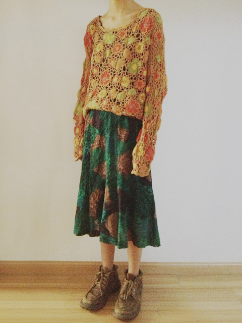 VINTAGE 孤品日本混搭古着 復古优雅藍綠色半身裙 日本制