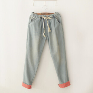 水洗做旧翻边松紧腰宽松显瘦BF风休闲长裤女