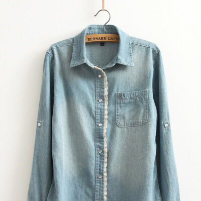 蕾丝花边前襟，复古百搭水洗牛仔衬衫/衬衣。