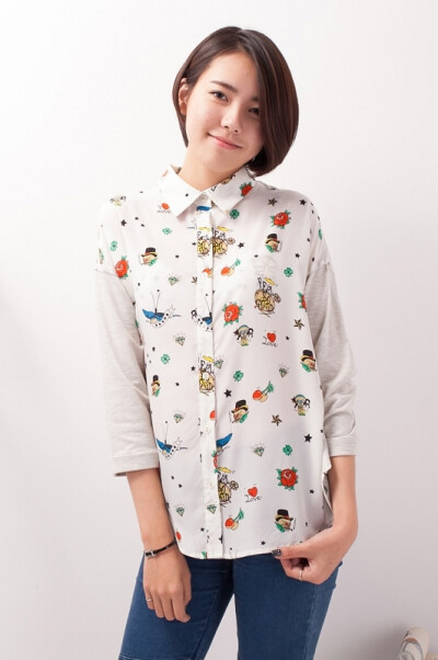 森林大冒险，森林系复古拼接蝙蝠袖衬衫。cv
