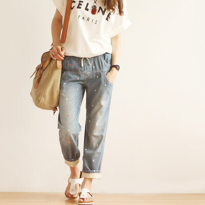 春森女系松紧腰系带刺绣圆点翻边九分牛仔裤