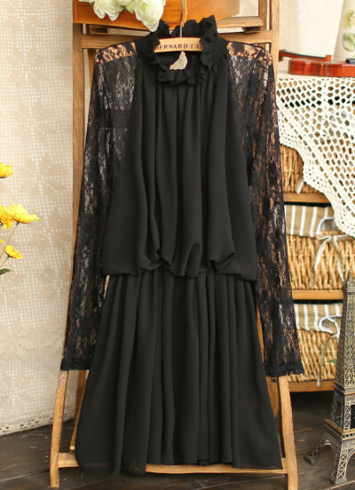 A春韩版淑女花边立领蕾丝拼接褶皱雪纺连衣裙女