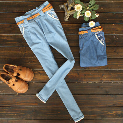 春韩版休闲几何图案花边两粒扣牛仔哈伦裤女