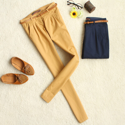 A春韩版纯色百搭三粒扣暗襟休闲裤长裤女配皮带