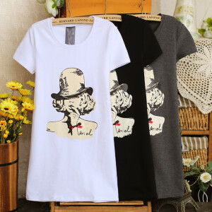 E春韩版中长款圆领戴帽女孩印花短袖T恤女