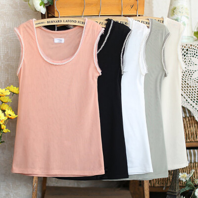 E春韩版百搭珍珠领边袖口双层网纱打底背心女