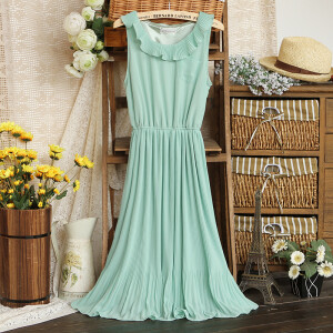 春夏甜美修身荷叶边圆领松紧腰雪纺连衣裙女